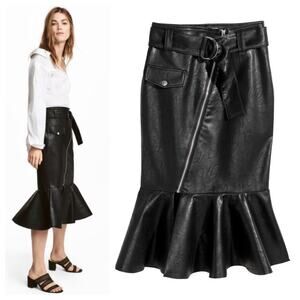 H&M Black Faux Leather Belted Flouncy Midi Skirt Size 6 Asymmetric Zip